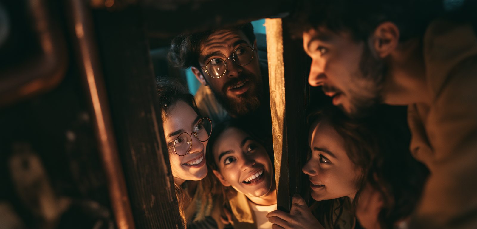 Four friends discovering a puzzle together at the escape room in Cologne